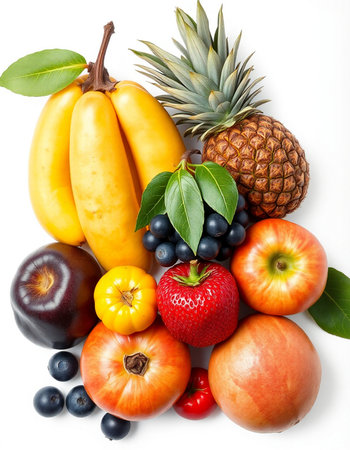 Fresh fruits and vegetables isolated on white background. Healthy food concept.の写真素材