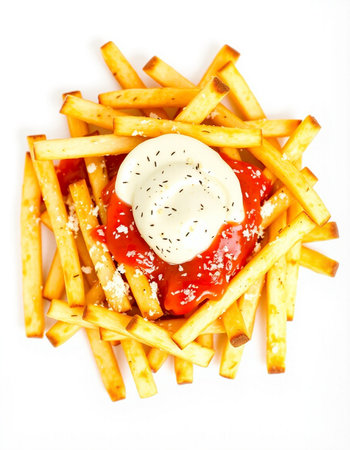 French fries with tomato sauce and mayonnaise on a white background
