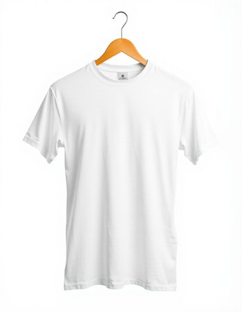 White t-shirt on a hanger on a white background.