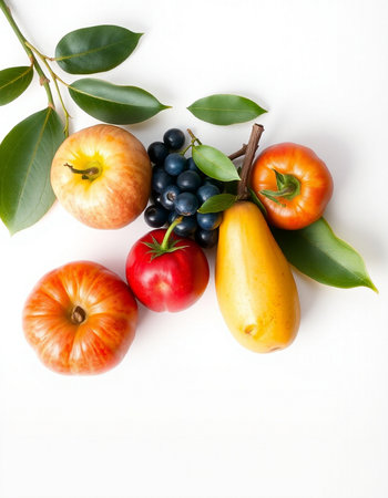 Fruits and vegetables on a white background. Healthy food concept.の写真素材