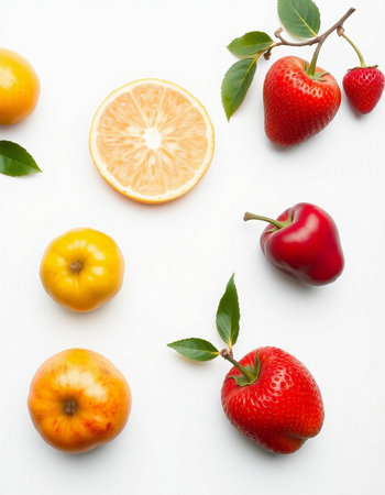 Red and yellow fruits on a white background. Healthy eating concept.の写真素材