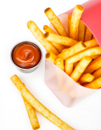 French fries with ketchup isolated on white background, top view.