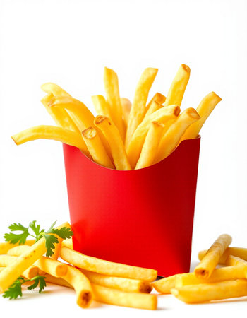 French fries in a red box on a white background. Isolated