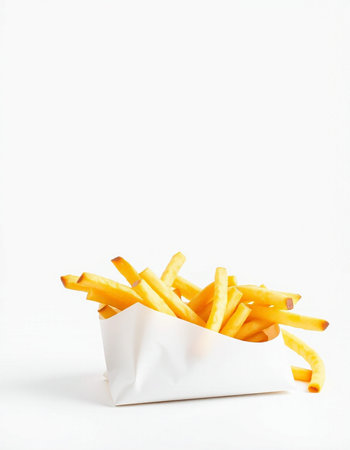 French fries in white paper box on white background. Isolated.