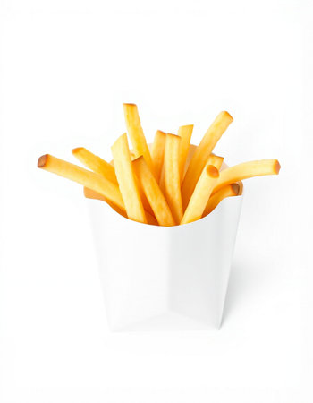 French fries in a white box on a white background. Isolated
