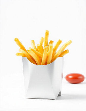 French fries in a paper box on a white background with a tomato