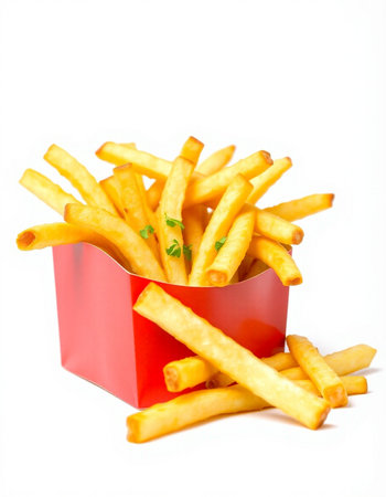 French fries in a red box on a white background. Isolated
