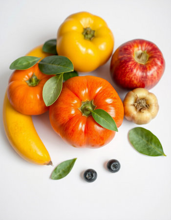 Fruits and vegetables on a white background. Healthy eating concept.の写真素材