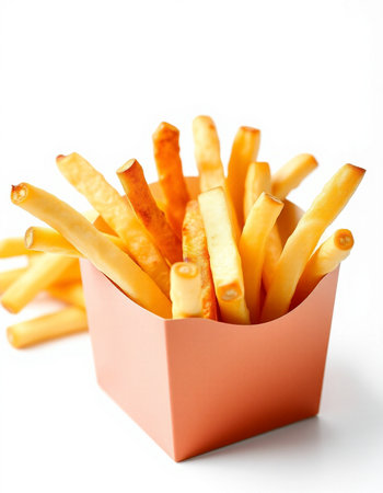 French fries in a box on a white background. Selective focus.