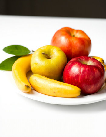Fruits on a white plate on a white background. Healthy food.の写真素材