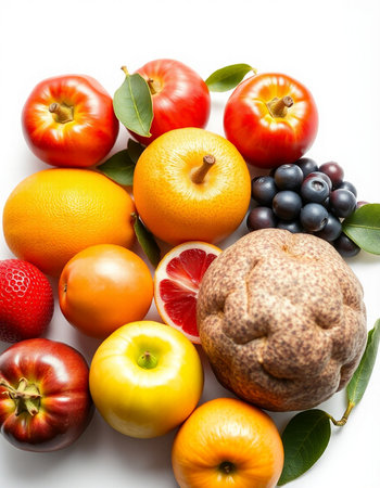 Fresh fruits and vegetables isolated on white background. Healthy eating concept.