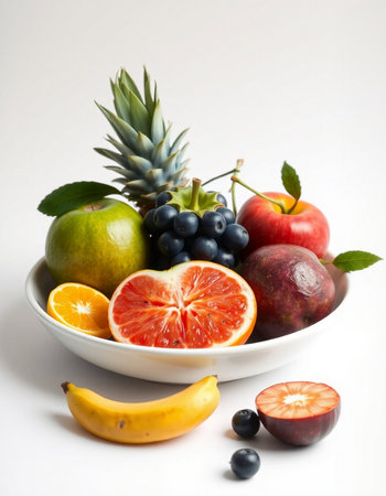Fruits in a bowl on a white background. Healthy food.の写真素材