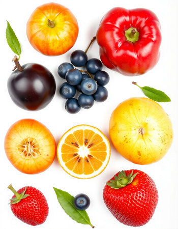 Fresh fruits and berries isolated on white background. Top view. Flat lay pattern.の写真素材