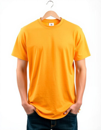 Yellow t-shirt on a mannequin isolated on white backgroundの写真素材