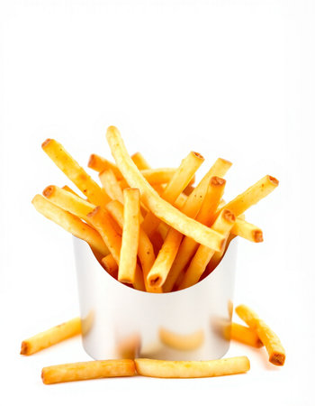 French fries in a paper box on a white background. Isolated