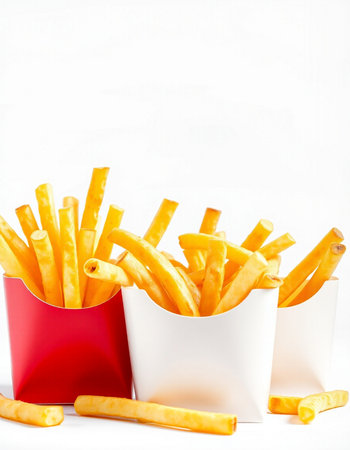 French fries in a red box on a white background. Selective focus.