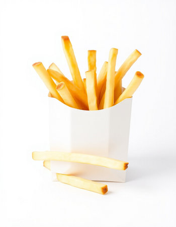 French fries in a white box on a white background. Isolated