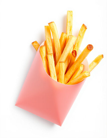 French fries in pink box isolated on white background, top view.