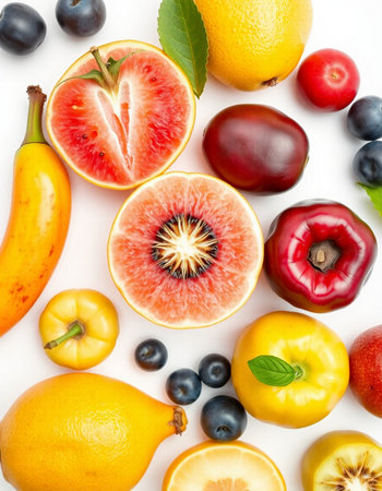 Fruits and berries on white background. Flat lay, top viewの写真素材