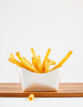 French fries in a white bowl on a wooden board on a white background