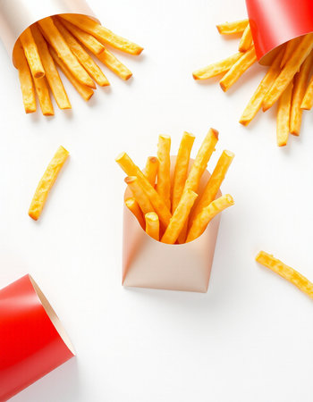 French fries in paper box on white background. Flat lay, top view