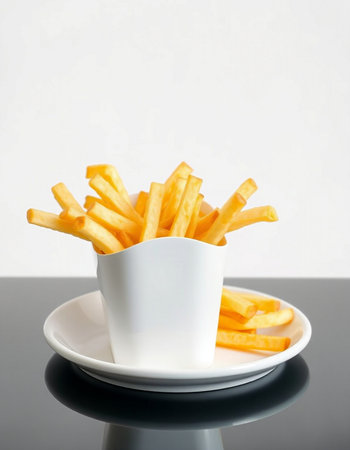 French fries in a white bowl on a black table and white backgroundの写真素材