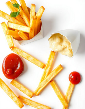 French fries with ketchup and mayonnaise on a white background