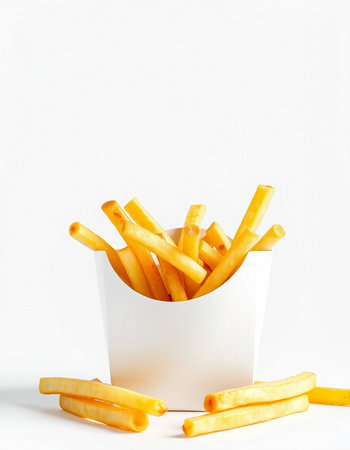 French fries in a paper box on a white background with copy space