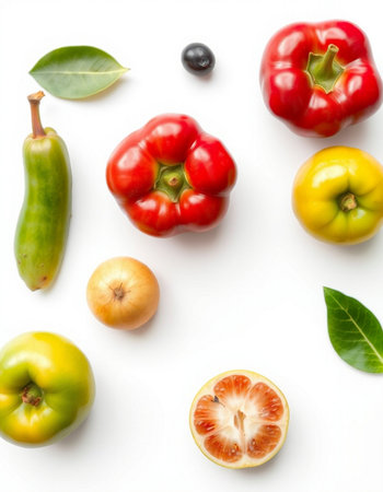 Red, yellow and green peppers on white background. Flat lay, top viewの写真素材