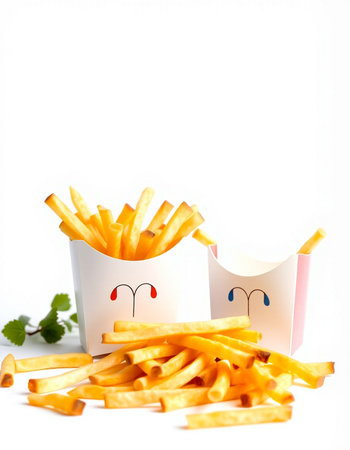 French fries with funny face on a white background. Fast food concept.