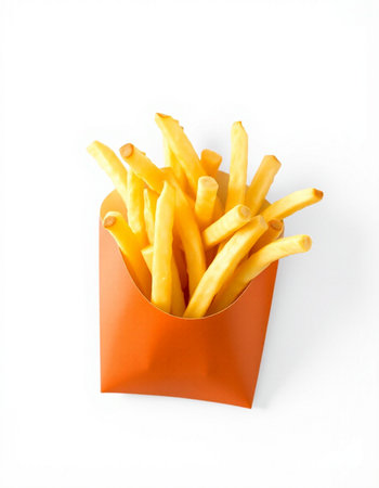 French fries in orange box isolated on white background. Fast food.