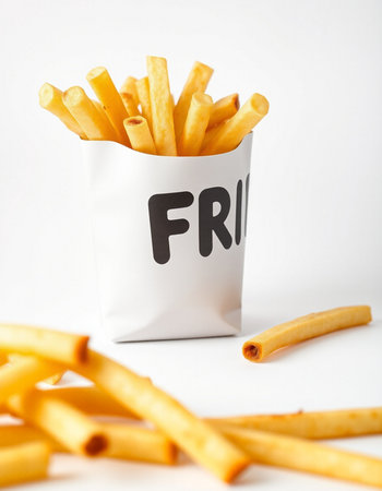 French fries in paper bag with French Fries word on white backgroundの写真素材