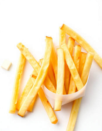 French fries isolated on white background. Top view, flat lay.