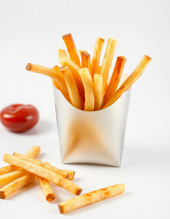 French fries in a paper box on a white background. Close-up