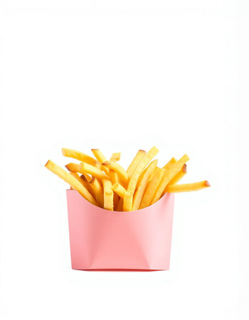 French fries in a pink box isolated on white background. Fast food.の写真素材
