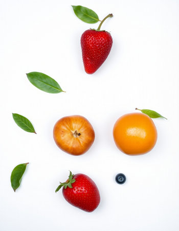 Fruit face on a white background. Healthy food concept. Top view.の写真素材