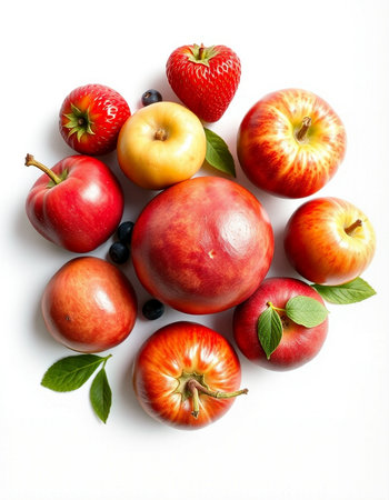 Fresh fruits on white background, top view. Healthy food concept.の写真素材