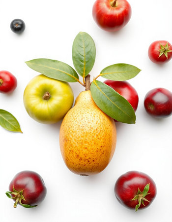 Fruits on white background. Ripe pear, apple, cherry, black currant.の写真素材