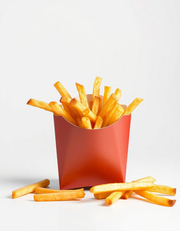 French fries in a red box on a white background. Fast food.