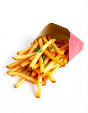 French fries with parsley in a paper box on a white background