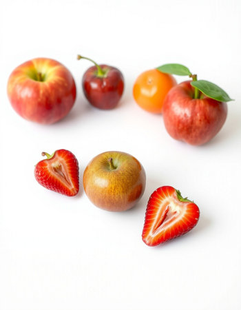 Red apples, cherries and strawberries on a white background closeupの写真素材