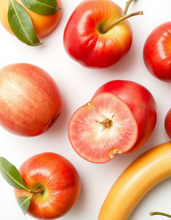 Red apples and bananas on white background. Flat lay, top viewの写真素材
