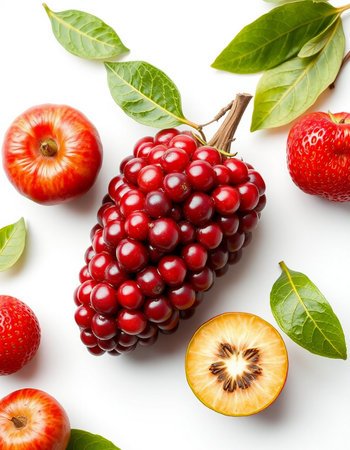 Fruits and berries isolated on white background. Flat lay, top view