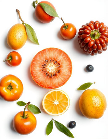 Fresh fruits and vegetables isolated on white background. Top view. Flat lay
