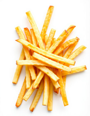 French fries isolated on white background. Top view. Copy space.