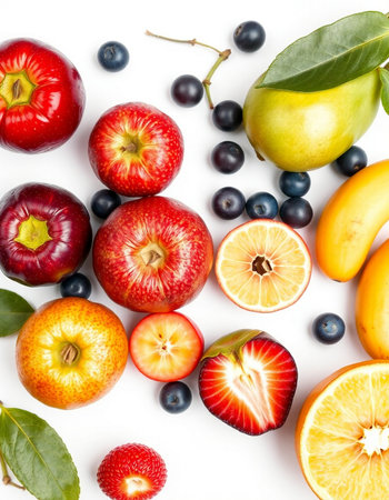 Fruits isolated on white background. Top view. Flat lay patternの写真素材