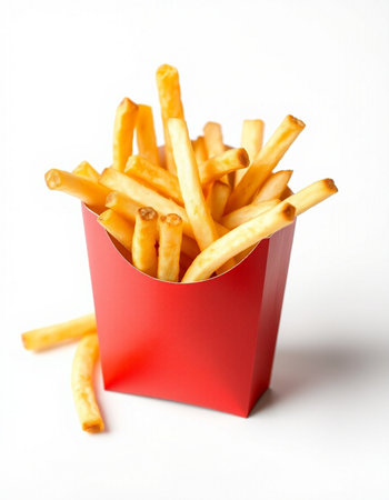 French fries in a red box on a white background, close-up