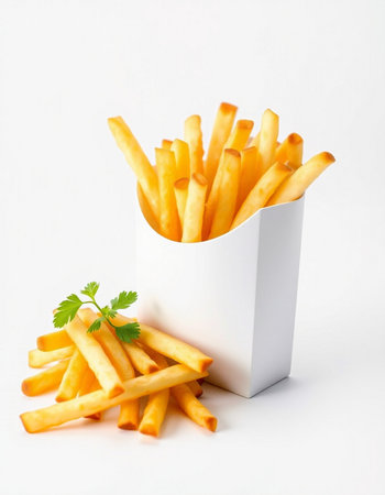 French fries in a white box on a white background with parsley