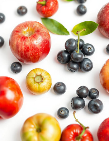 Fruits and berries on white background. Flat lay, top viewの写真素材