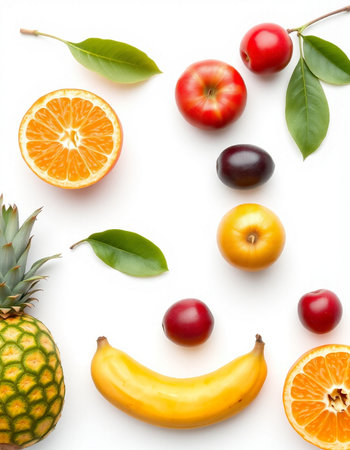 Fruit face on white background. Flat lay, top view.の写真素材